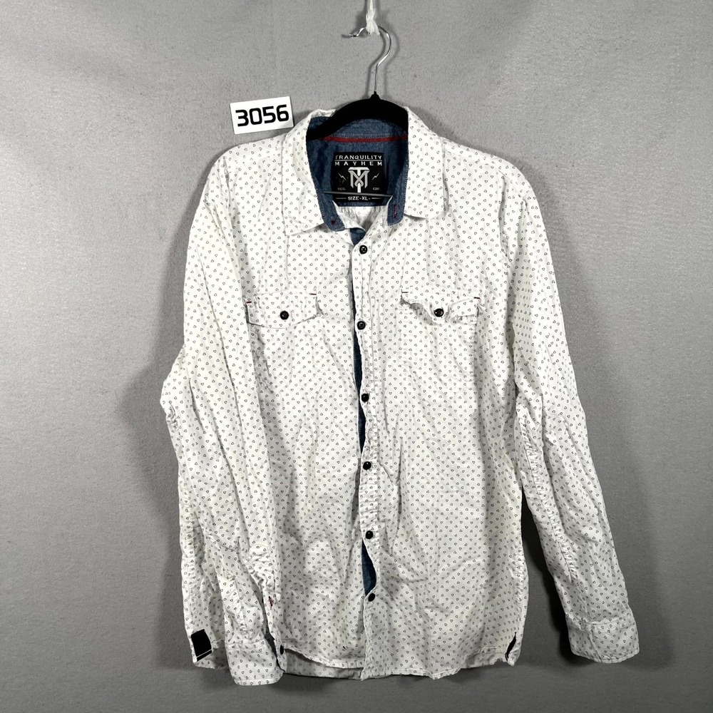 Tranquility Mayhem Shirt Mens XL White‎ Patterned Cotton Long Sleeve Button Up